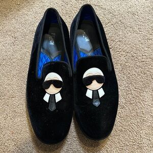 Fendi Black Velvet Loafers with Graphic Motif PRE LOVED